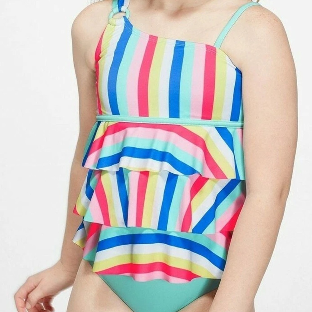 Girls Justice Vibrant Striped One-Shoulder Swimsuit size 12